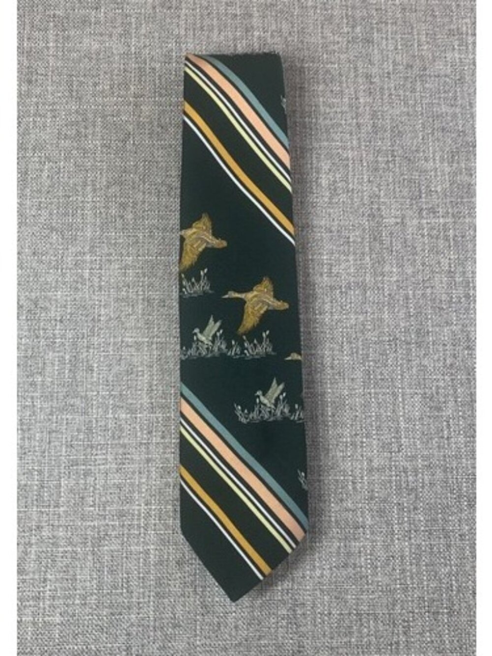 Chadwick Wembley Mens Necktie Pheasants Vintage 70s Green & Gold Stripes 54 X 4
